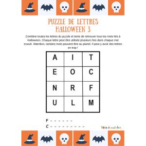 Une grille de lettres à associer pour former deux mots du vocabualire d'Halloween. 12 lettres sont proposées pour découvrir deux mots commençant par les lettres "F" et "C". Un jeu pour progresser en f