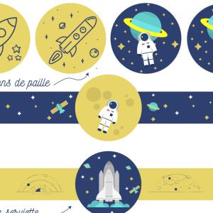 Printable gouter pour anniversaire sut un thème espace à imprimer gratuitement. Des ronds de serviette et des décorations de paille pour un gouter inoubliable lors d'un anniversaire spatial..
