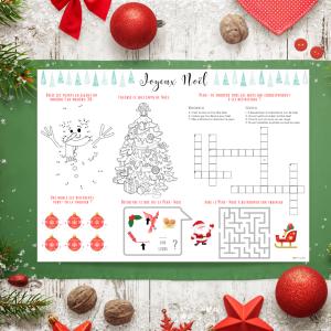 Set de table de Noël avec des activités et jeux de Noël à imprimer pour occuper les enfants pendant le Réveillon. Vous retrouverez 6 jeux qui permettront aux enfants de ne pas s'ennuyer à table.