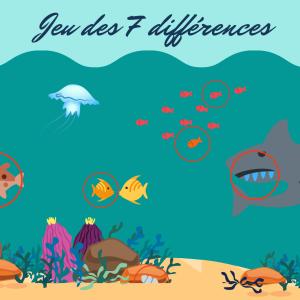 Solution du jeu des erreurs : mer et poisson multicolore : les 7 différences entre l'image du haut et du bas sont signalées par des ronds