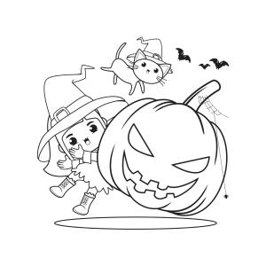 Un coloriage d'Halloween à imprimer : dessin de la sorcière passant devant le château. La sorcière aime bien se promener autour du château la nuit !
