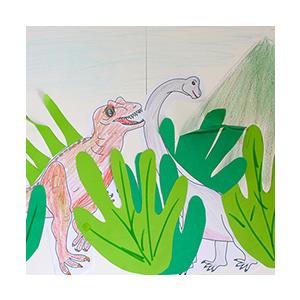 Voici une idée de collage pour jouer avec la main et le temps des dinosaures. Le tableau est réalisé avec des coloriages de dinosaures et des formes de mains de votre (ou vos) enfant(s) découpées dans