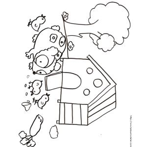 Coloriage du cochon d'inde et les poussins devant la maison à cochons d'inde. Dessin d'un cochon d'inde à imprimer pour le coloriage des enfants.
