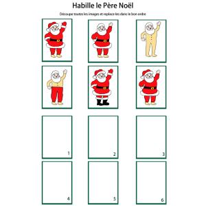 Jeu de Noël : imprime la planche de jeu, découpe chaque carte puis mets les images dans l'ordre pour habiller le Père Noà´l