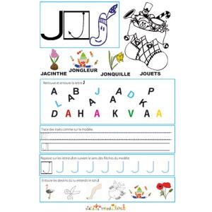 Page de lecture - écriture : la lettre " J " de l'alphabet 