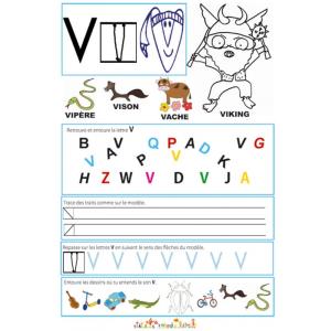 Page de lecture - écriture : la lettre V comme viking 