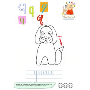 Q comme queue du chien de l'imagier des lettres minuscules