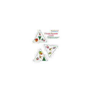 3 petites boules de Noël en forme de pyramide à imprimer. 3 boules pyramide, 3 paper toys de Noël à imprimer pour réaliser 3 boules de Noël en fome de pyramide. Une illustration de Noël est imprimée s