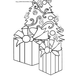 Coloriage de deux gros cadeaux devant le sapin