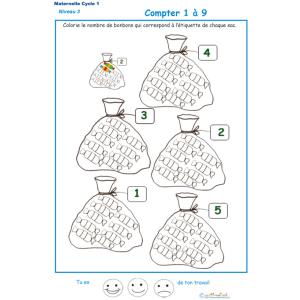 Imprimer la fiche pour colorier le bon nombre de bonbons Exercice 2 maternelle niveau 3