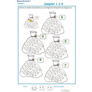 Imprimer la fiche pour colorier le bon nombre de bonbons Exercice 3 maternelle niveau 3