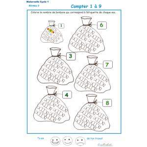 Imprimer la fiche pour colorier le bon nombre de bonbons Exercice 4 maternelle niveau 3