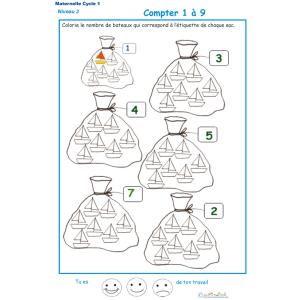 Imprimer la fiche pour colorier le bon nombre de bateaux Exercice 5 maternelle niveau 3