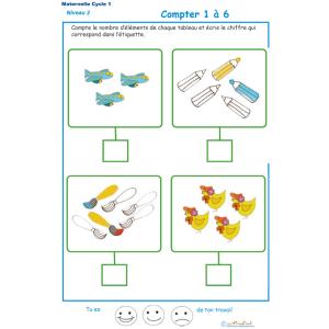 Imprimer l' Exercice 7 de l'ardoise pour apprendre &agrave; compter les avions, crayons, pinceaux, poussins 