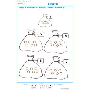 Exercice 3 pour compter et colorier le bon nombre de billes