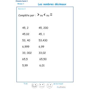Nombres décimaux Exercice 2 : supérieur, inférieur ou égal CM1 - CM2 