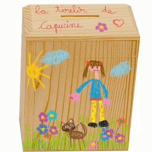 Une idée de tirelire à faire à partir d'une boite rectangulaire peinte et décorée. La tirelire est à réaliser avec un emballage recyclé ou une tirelire rectangulaire en bois à peindre. Une idée facile