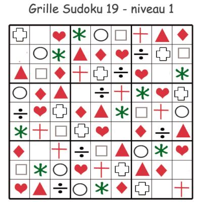 Grille de sudoku à visuels géométriques. Sudoku pour la maternelle. cette grille de sudoku est à compléter en collant les visuels de fruits et légumes. Grille de sudoku 19 à comp