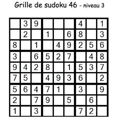 Grille de sudoku 46 de niveau 3 pour les enfants du primaire pour les aider à progresser en maths. Au niveau 3, il manque 3 chiffres au maximum par région.