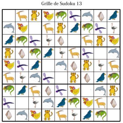 Grille de sudoku pour la maternelle. cette grille de sudoku est à compléter en collant les visuels de fruits et légumes. Grille de sudoku 13 à compléter en collant les vignettes d'animaux