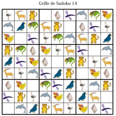 Grille de sudoku pour la maternelle. cette grille de sudoku est à compléter en collant les visuels de fruits et légumes. Grille de sudoku 14 à compléter en collant les vignettes d'animaux