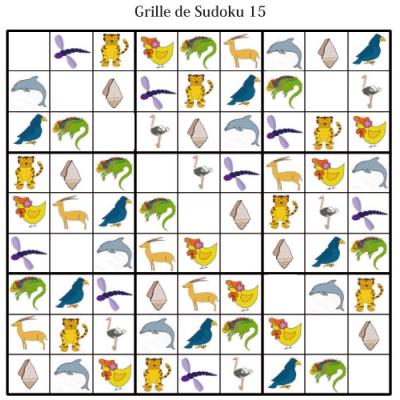 Grille de sudoku pour la maternelle. cette grille de sudoku est à compléter en collant les visuels de fruits et légumes. Grille de sudoku 15 à compléter en collant les vignettes d'animaux