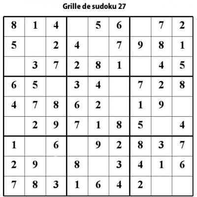 Sudoku enfants à imprimer. grille 27 de sudoku pour les enfants du primaire pour les aider à progresser en maths. Au niveau 2, il manque 2 chiffres au maximum par région.