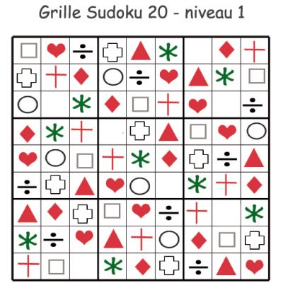 Grille 20 de sudoku à visuels géométriques. Sudoku pour la maternelle. cette grille de sudoku est à compléter en collant les visuels de fruits et légumes. Grille de sudoku 20 à c