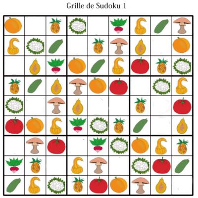 Grille de sudoku pour la maternelle. cette grille de sudoku est à compléter en collant les visuels de fruits et légumes. Grille de sudoku à compléter en collant les visuels de fruits et lég