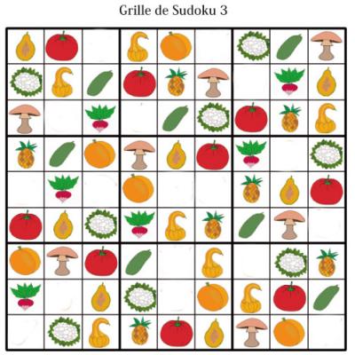 Grille de sudoku pour la maternelle. cette grille de sudoku est à compléter en collant les visuels de fruits et légumes. Grille de sudoku à compléter en collant les visuels de fruits et lég