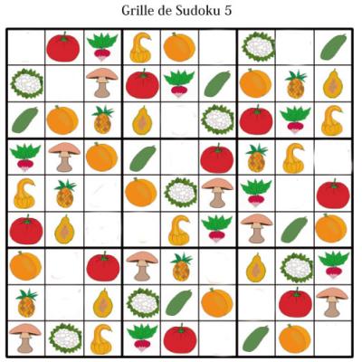 Grille de sudoku pour la maternelle. cette grille de sudoku est à compléter en collant les visuels de fruits et légumes. Grille de sudoku à compléter en collant les visuels de fruits et lég