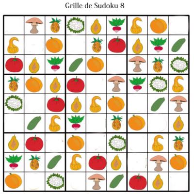 Grille de sudoku pour la maternelle. cette grille de sudoku est à compléter en collant les visuels de fruits et légumes. Grille de sudoku à compléter en collant les visuels de fruits et lég
