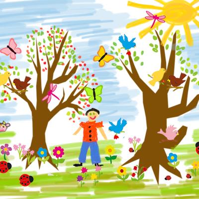Pour les petits et les grands voici une idée simple à mettre en œuvre : le tableau paysage de printemps mixant les dessins aux feutres et les gommettes à coller pour tous les détails.  Le printemps es