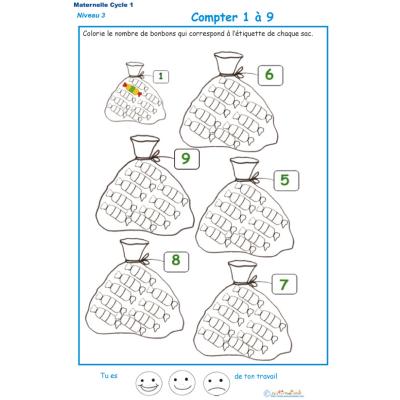 Imprimer la fiche pour colorier le bon nombre de bonbons Exercice 3 maternelle niveau 3