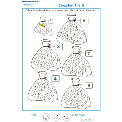 Imprimer la fiche pour colorier le bon nombre de bonbons Exercice 4 maternelle niveau 3