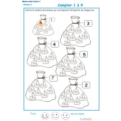 Imprimer la fiche pour colorier le bon nombre de bateaux Exercice 5 maternelle niveau 3