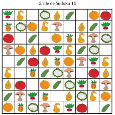 Sudoku pour la maternelle : grille 10 fruits et l&eacute;gumes