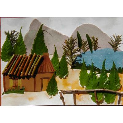 Tableau souvenirs de vacances r&eacute;alis&eacute; avec des objets ramass&eacute;s pendant les vacances